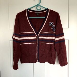Forever 21 Sweater, Burgundy Cardigan with White and blue Stripes, Size S